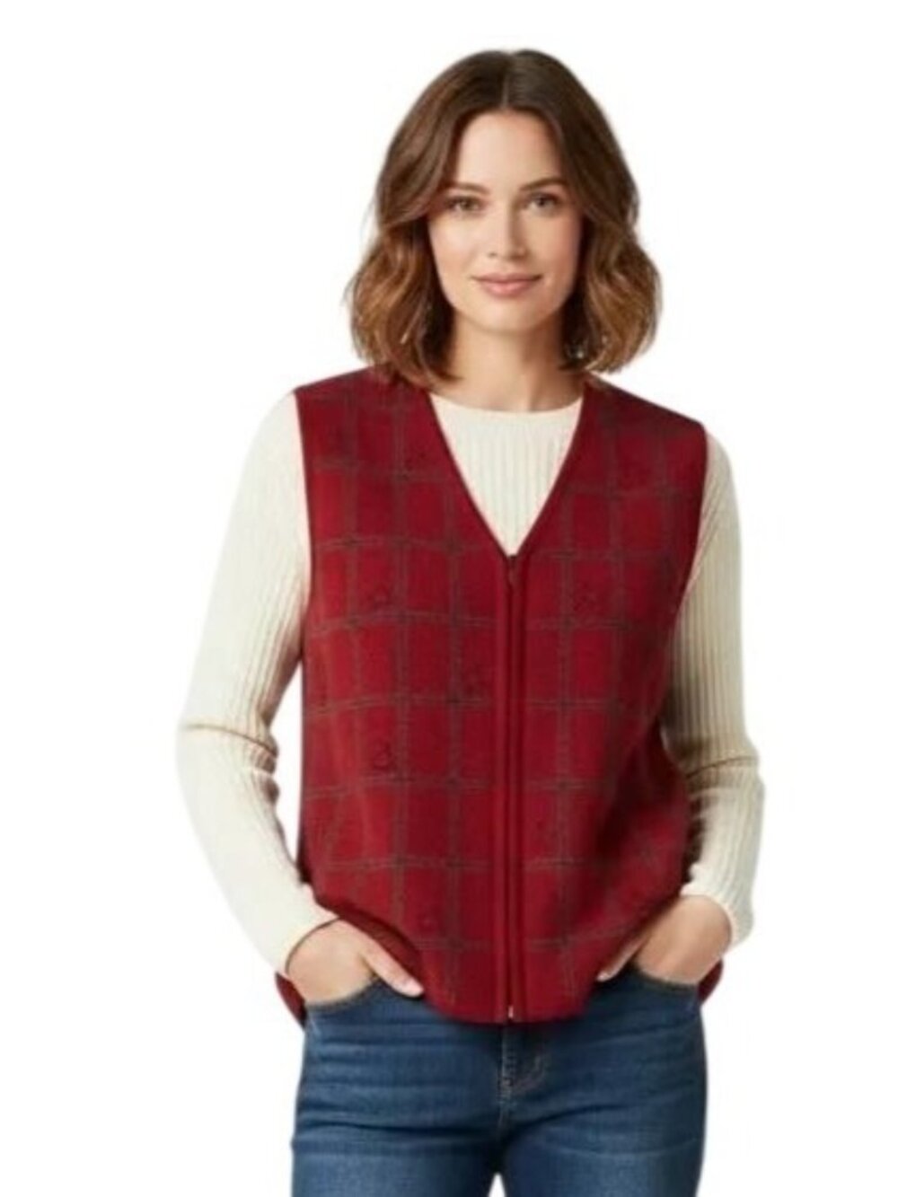 Talbots 100% Wool Red Plaid Full Zip‎ Front Sleeveless Vest Women's Size Medium